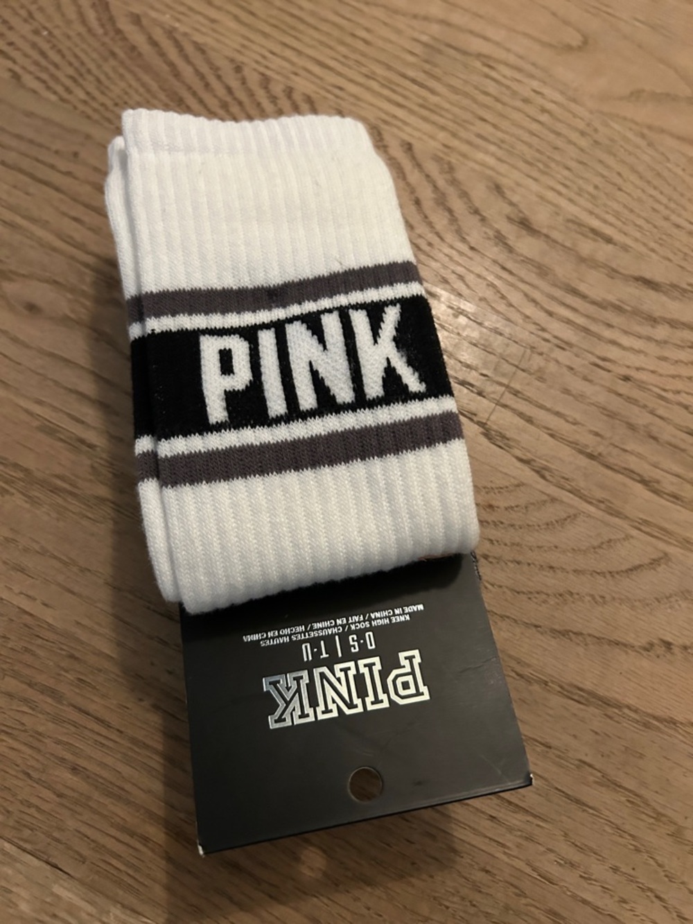 PINK White Knee Socks with Black and Gray Stripes One Size